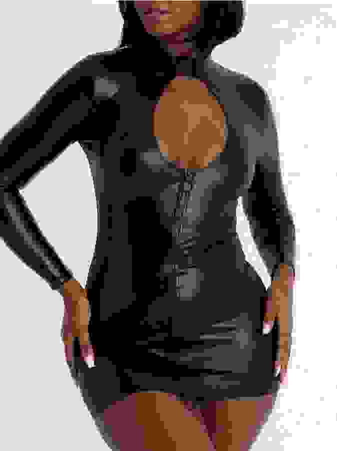 Lovehoney Fierce Wet Look Cut-Out Mini Dress, Black, hi-res